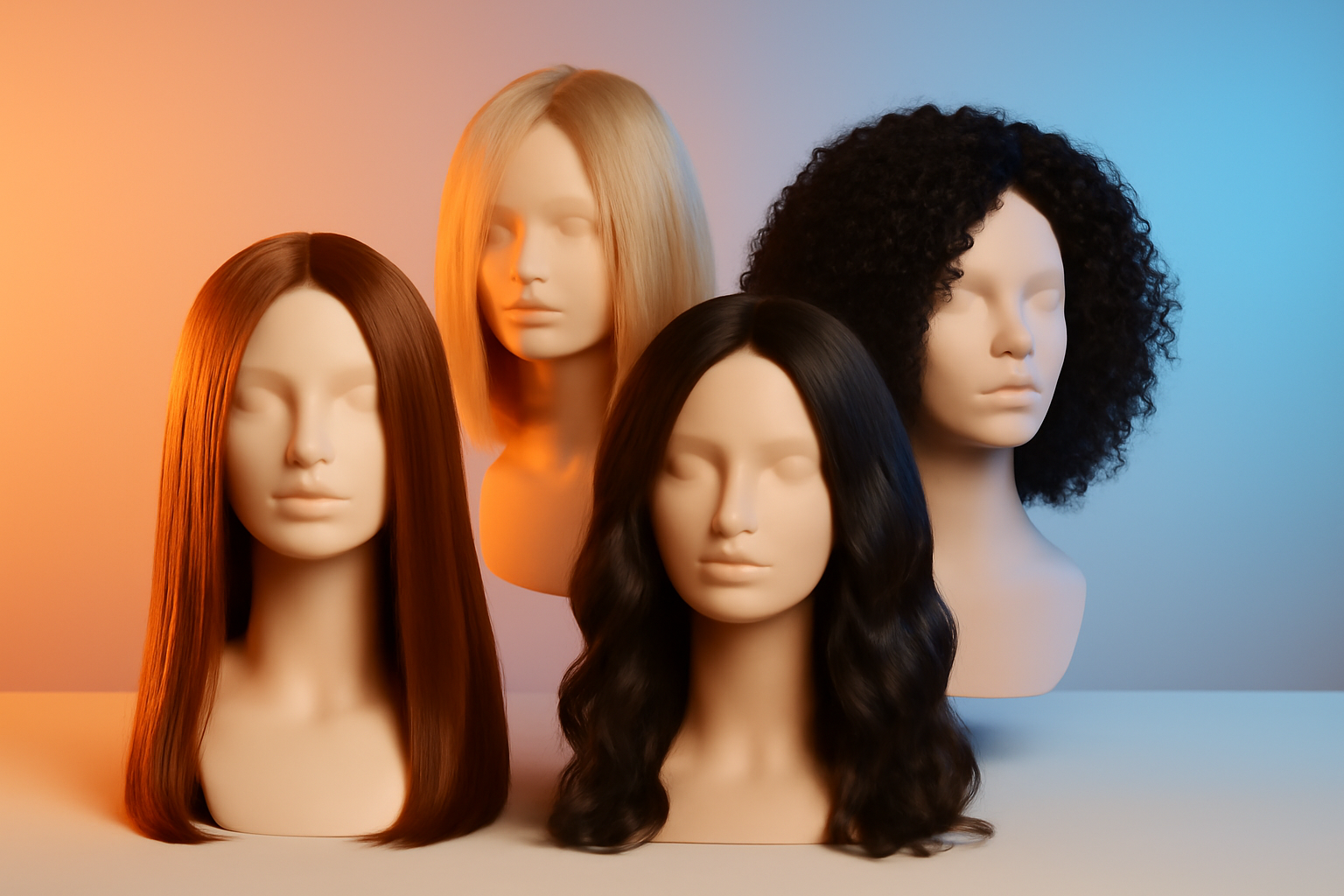 A variety of human hair wigs displayed on mannequin heads