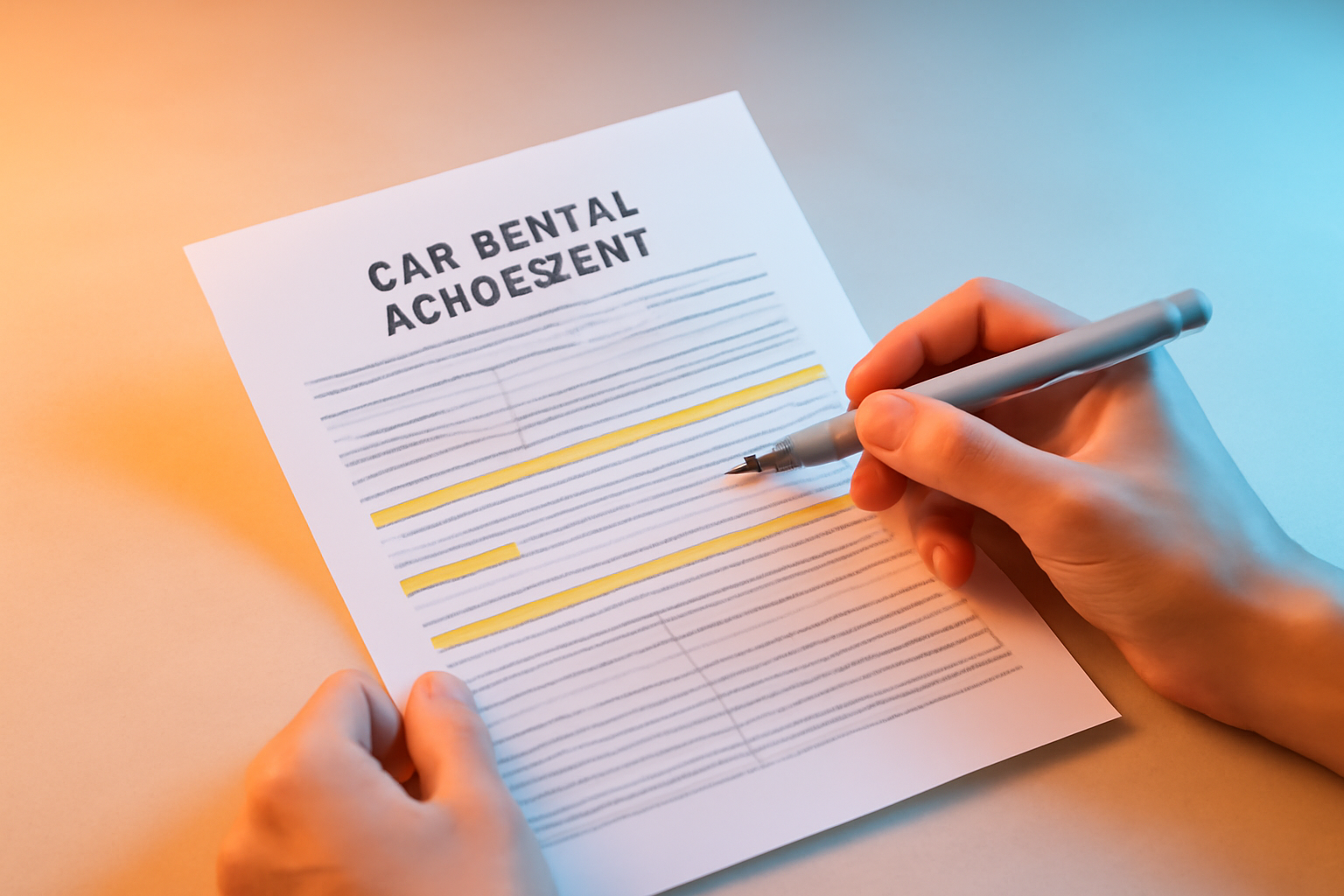 A detailed car rental agreement with highlighted sections, illustrating the importance of reading the fine print.