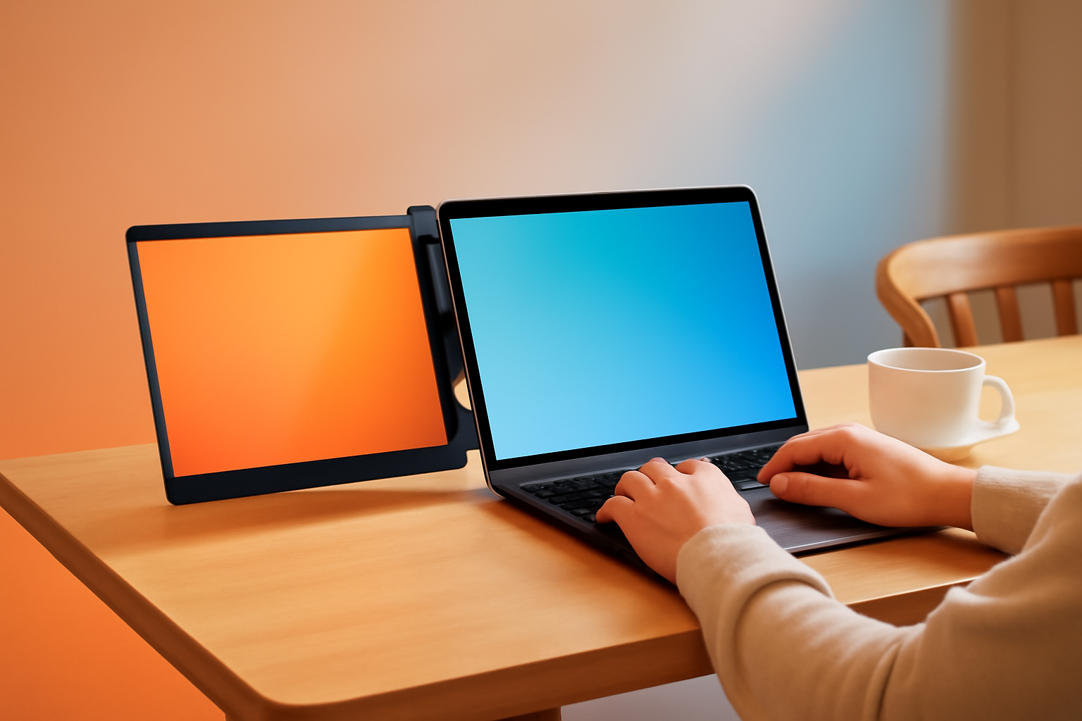 Một người dùng màn hình di động Mobile Pixels gắn vào laptop trong quán cà phê