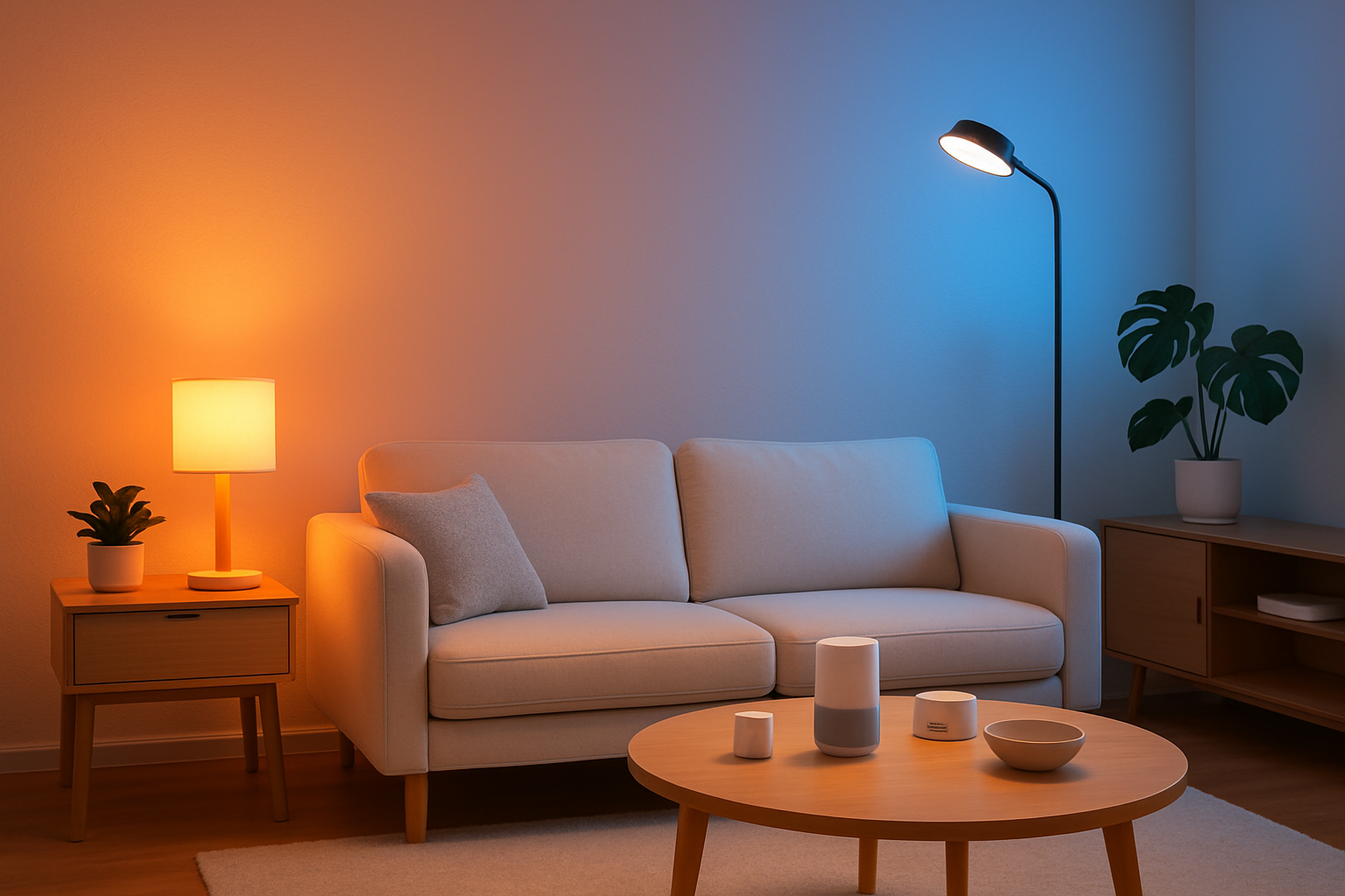 Phòng khách được biến đổi với hệ thống chiếu sáng thông minh và thiết bị từ các thương hiệu giá cả phải chăng như SwitchBot và Lumary.