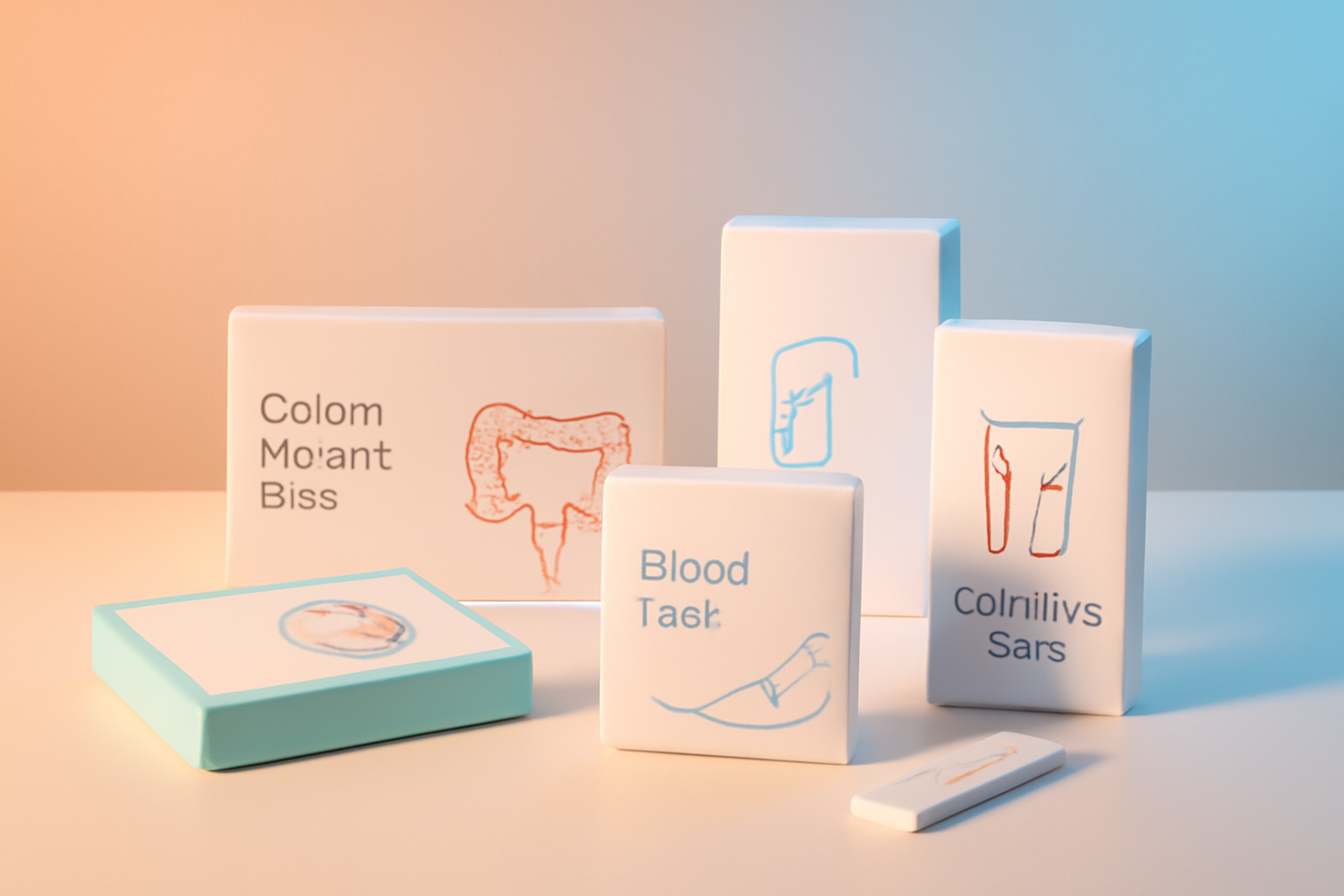 Các bộ xét nghiệm sức khỏe tại nhà được bày biện gọn gàng trên bàn