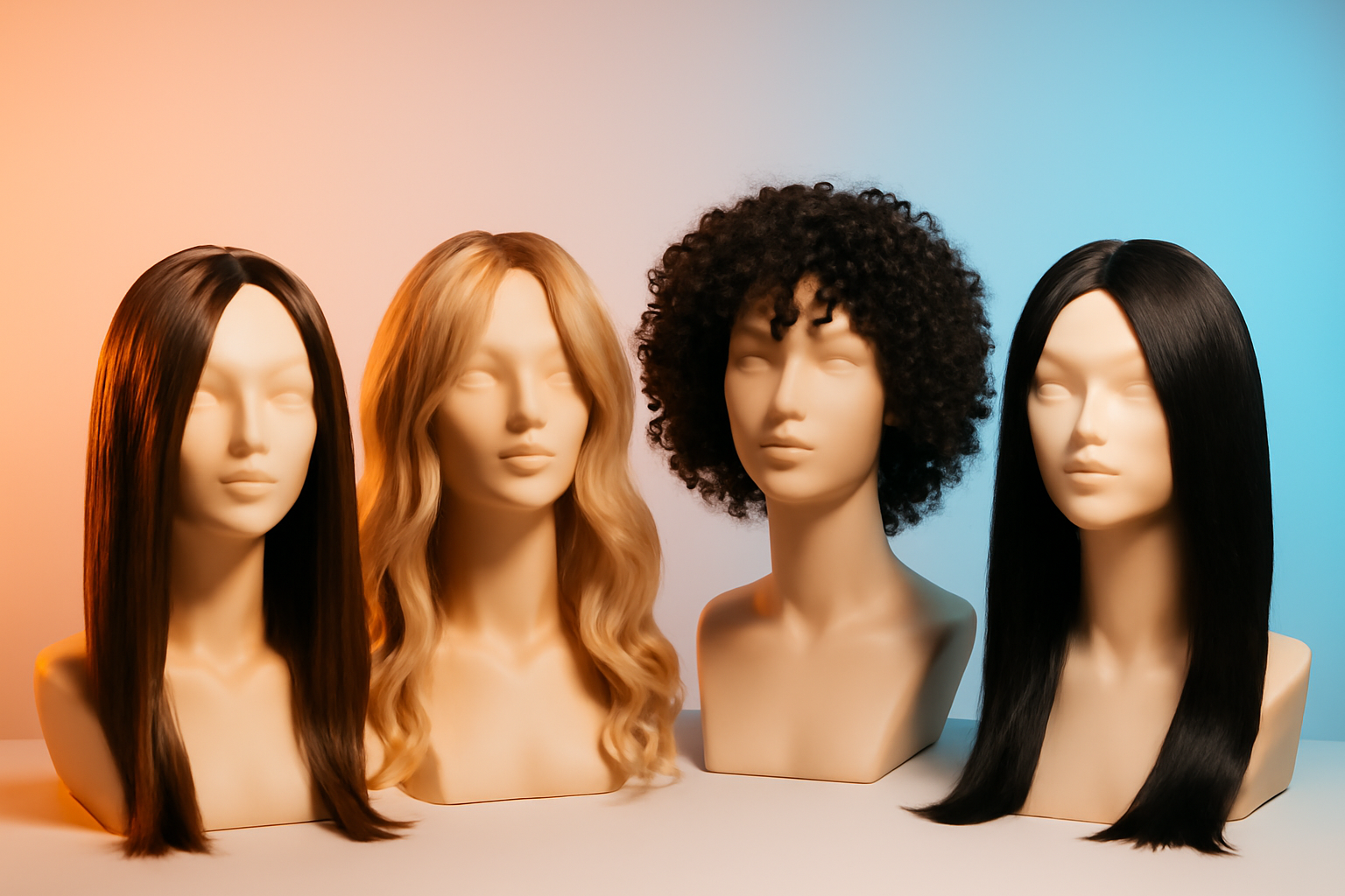 Đa dạng các mẫu tóc giả tóc thật được trưng bày trên đầu mannequin