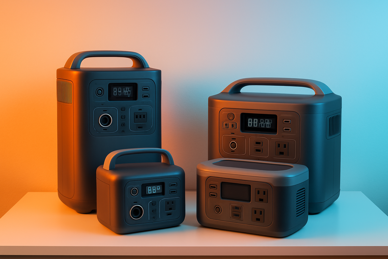 A variety of portable power stations displayed on a shelf