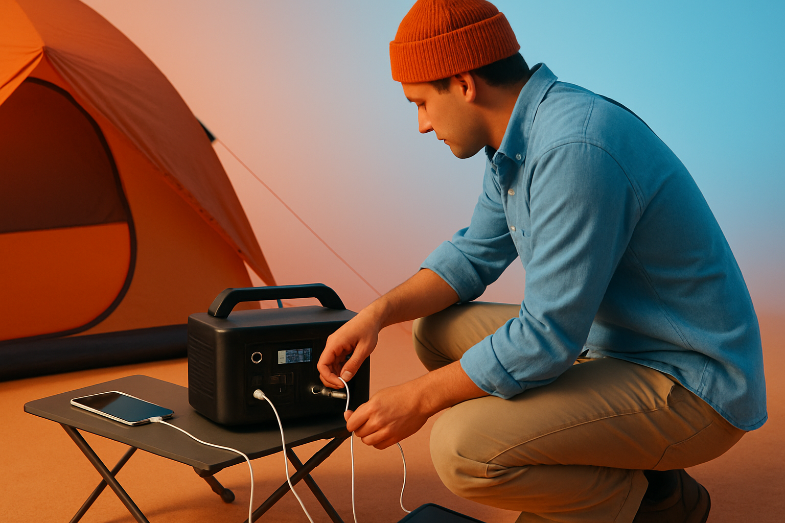 A person using a portable power station to charge multiple devices in a campsite