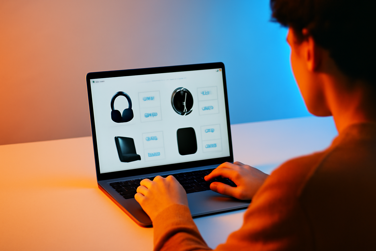 Một người mua hàng đang duyệt sản phẩm công nghệ trên laptop, so sánh giá trên các trang khác nhau