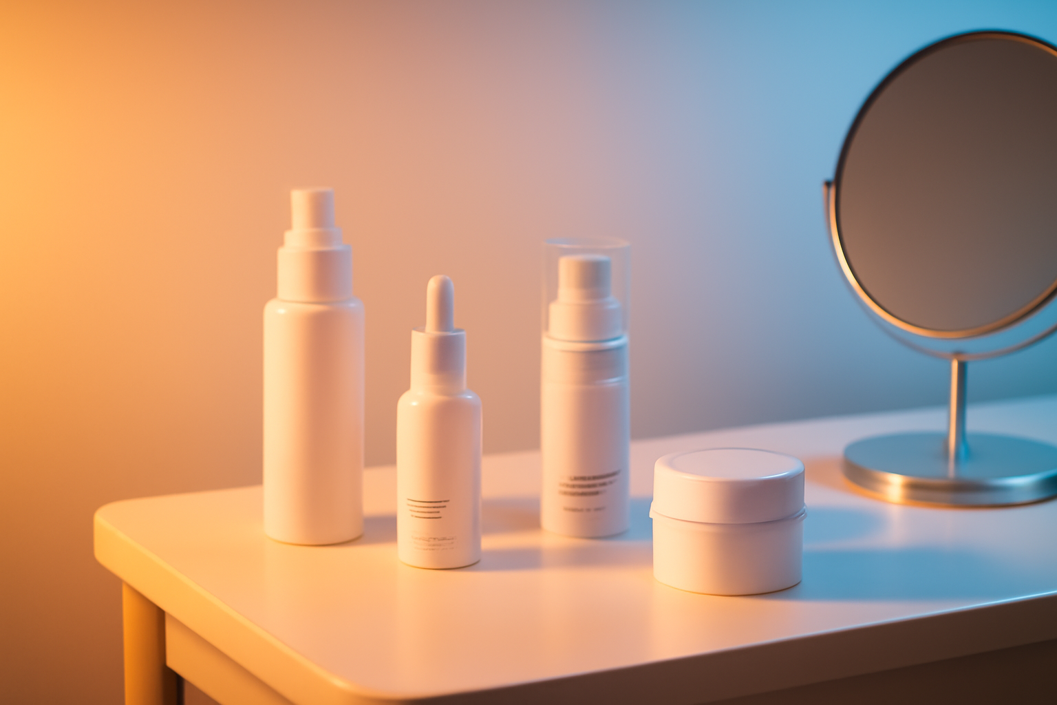 Sản phẩm chăm sóc da NEOGENESIS được trưng bày trên bàn trang điểm